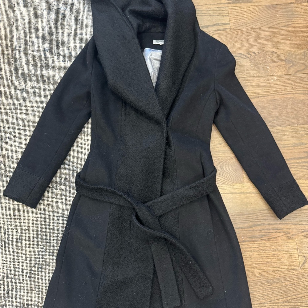 Calvin Klein Black Trench Coat with Shawl Collar and Matching Belt
